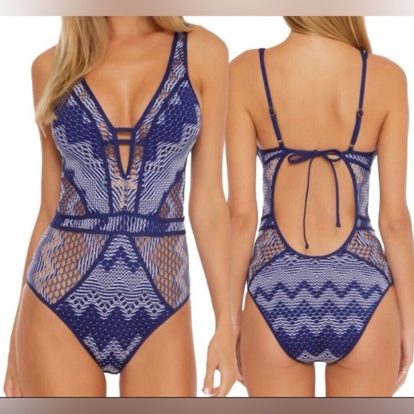 NWT, BECCA- "Color Play Mesh One Piece Swimsuit" in Navy/White, Sz Large - Picture 2 of 10